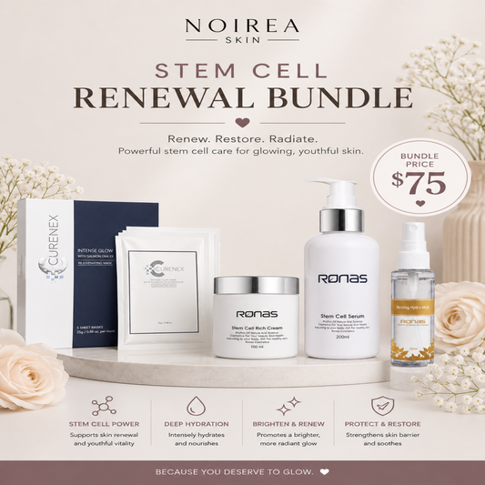curenex intense glow box with masks, ronas jar of rich cream, ronas bottle of serum, and ronas hydrating mist on a beige background