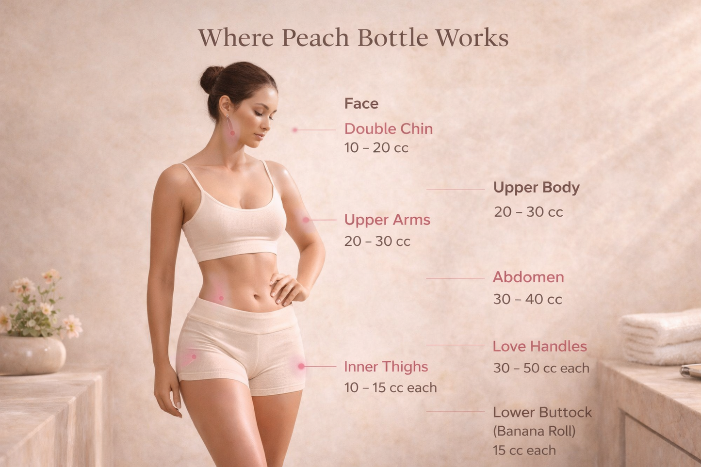 Woman in beige athletic wear with labeled body areas for Peach Bottle Fat Dissolver usage on a neutral background.