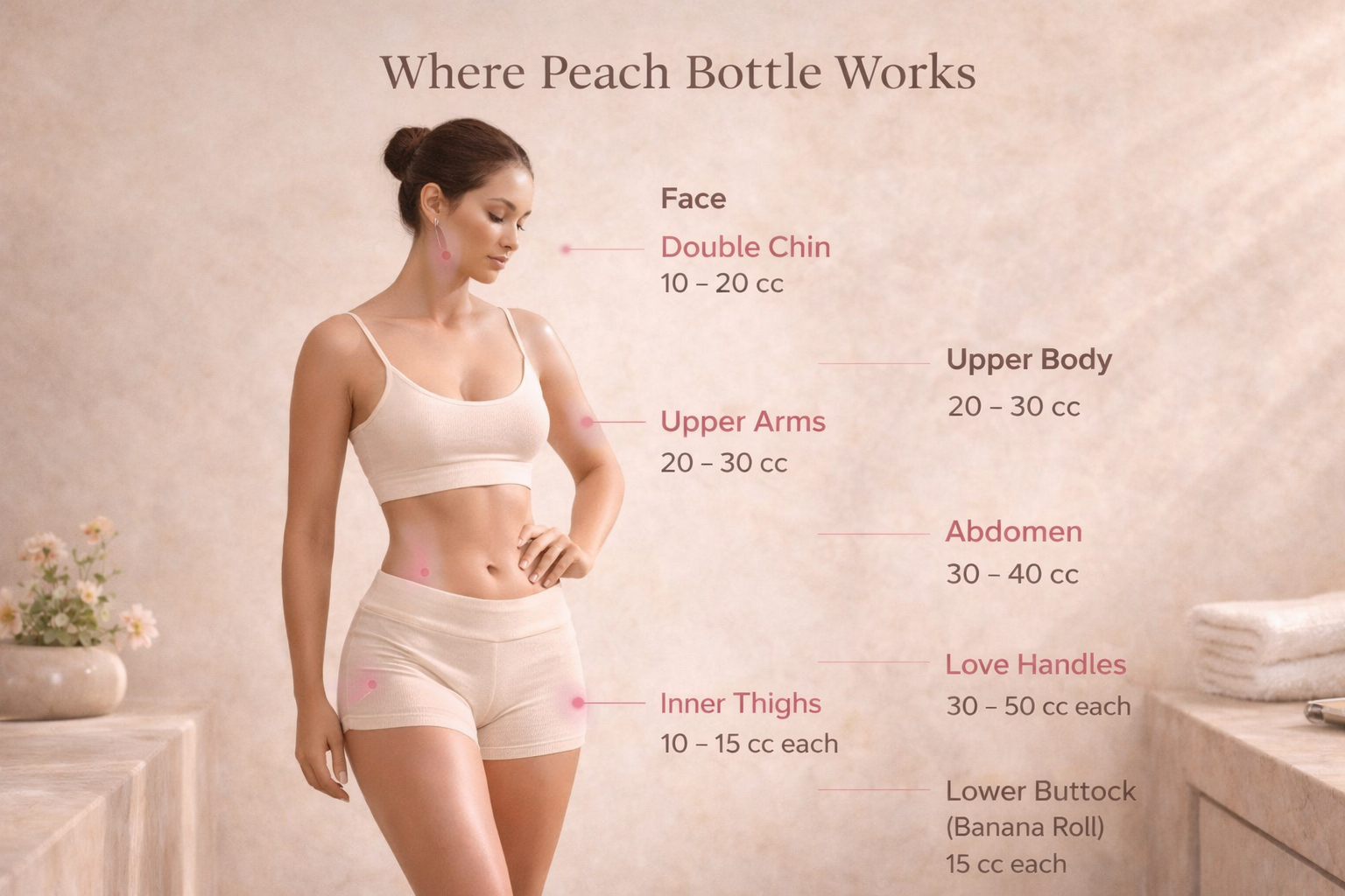 Woman in beige athletic wear with labeled body areas for Peach Bottle Fat Dissolver usage on a neutral background.