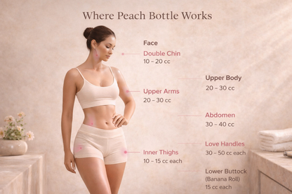 Woman in beige athletic wear with labeled body areas for Peach Bottle Fat Dissolver usage on a neutral background.